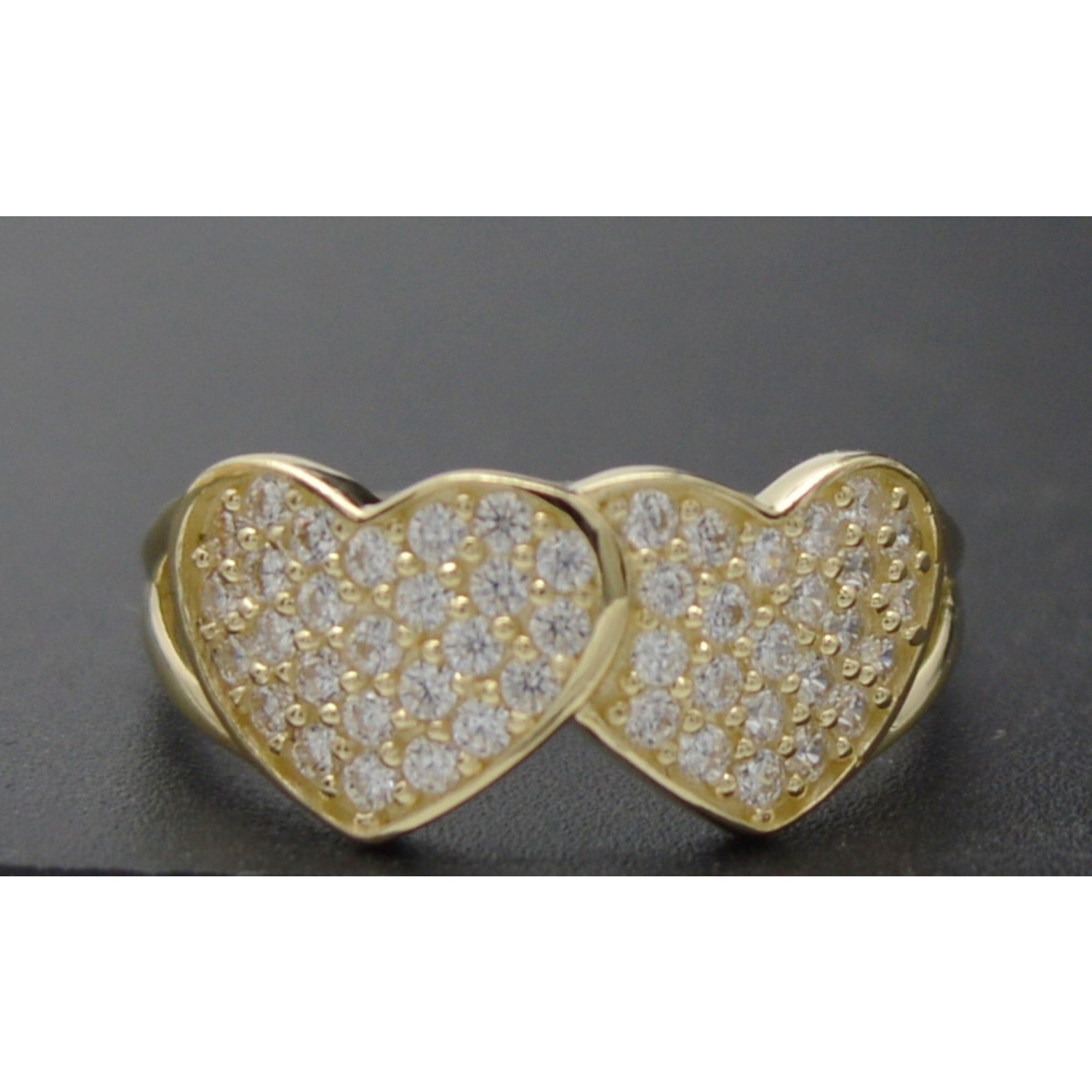 Real 10k Solid Yellow Gold Shiny Cz Charm Double Heart Ring 2.3gr All Sizes